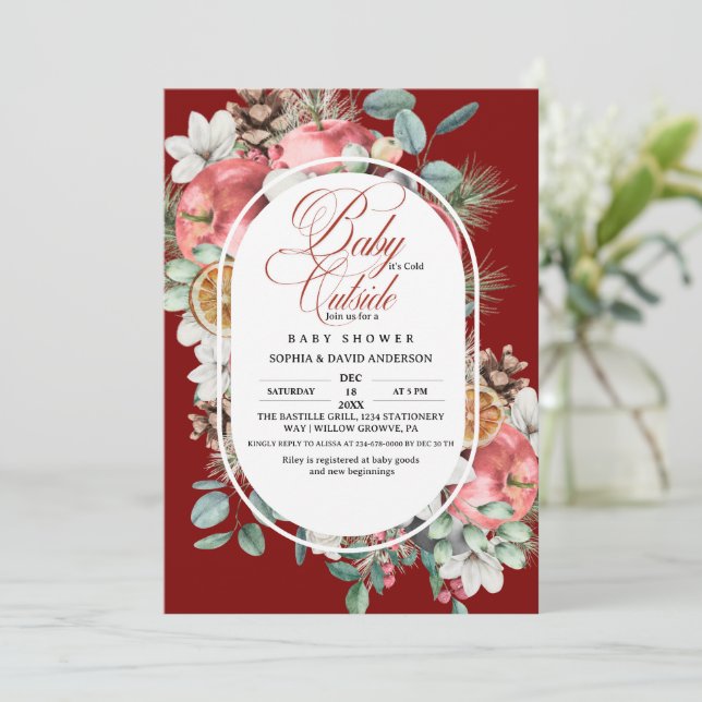 Convite Script Winter Pine Trees Greenery  Red Baby shower (Em pé/Frente)