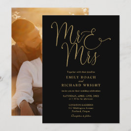 Convite Scripto Preto e Dourado Sr e Sra Foto Casamento