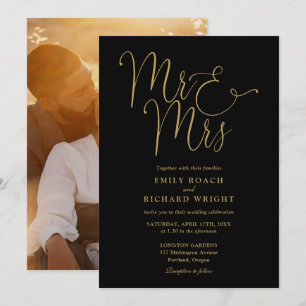 Convite Scripto Preto e Dourado Sr e Sra Foto Casamento