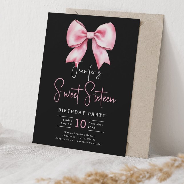 Convite Scripts de coquete do Arco rosa pálido Sweet 16 pr (Blush Pink Bow Coquette Script Sweet 16 Black Invitation)