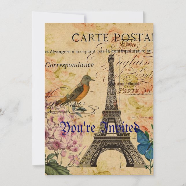 Convite Scripts Hydrangea French Bird Paris Torre Eiffel (Frente)