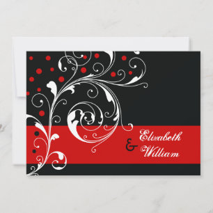 Convite Scroll floral preto, casamento vermelho
