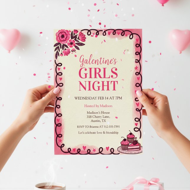 Convite Scrollwork Border Galentine's Invitation (Watercolor Party Invite)