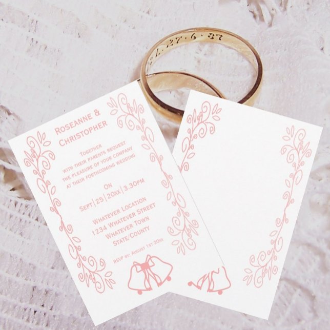 Convite Scrollwork Pink Wedation Bells (Pink wedding invitation bells and scrollwork design)