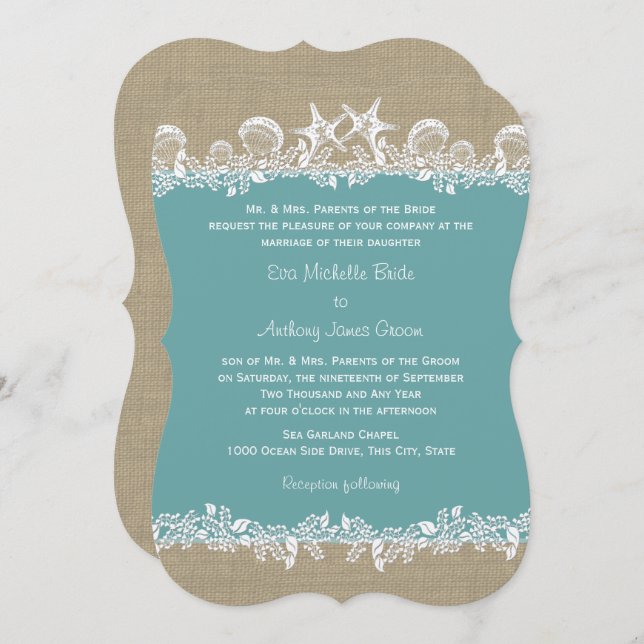 Convite Sea Garland Teal Beach Wedding (Frente/Verso)