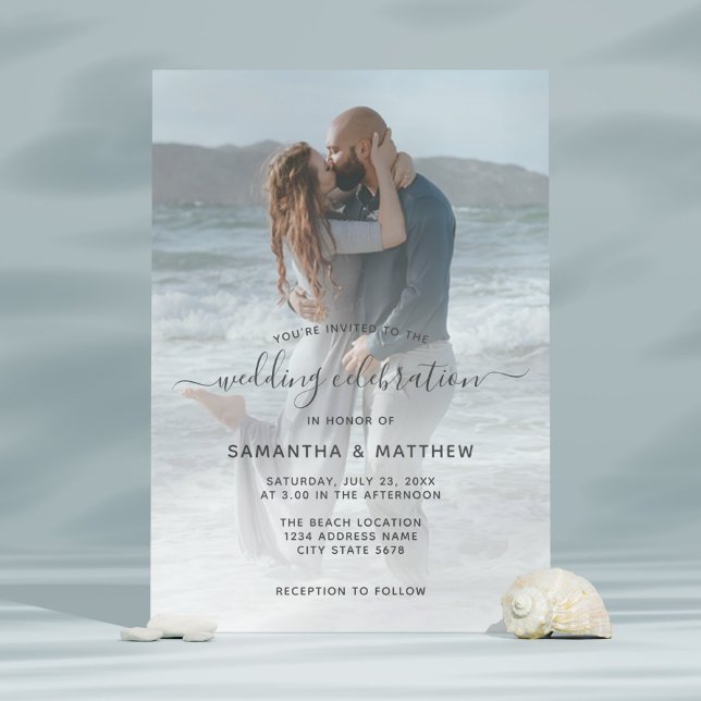 Convite Sea Glass Dusty Blue Casal Foto de praia Casamento (Beach wedding invitation
)