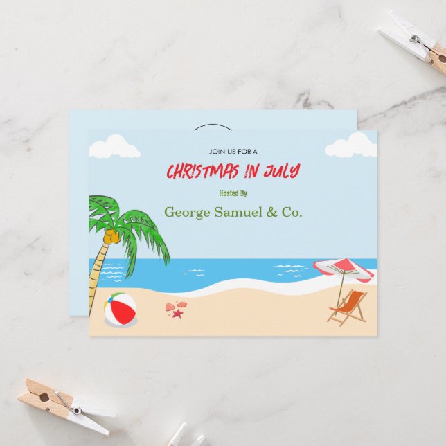 Convite Sea Side Christmas in July Custom Name Log & Text (Frente/Verso In Situ)