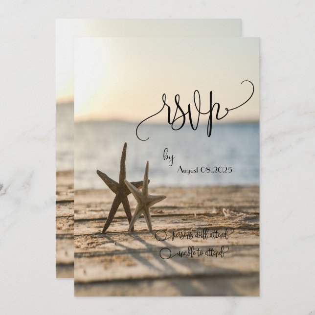 Convite Sea stars Sand Beach Script RSVP (Frente/Verso)