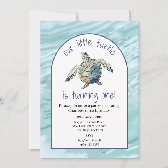 Convite Sea Turtle Watercolor Birthday Invite (Frente)