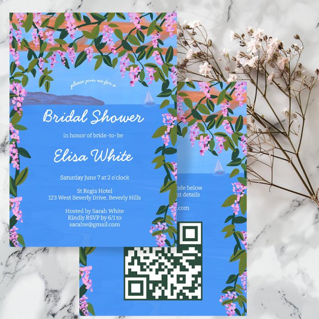 Convite Sea View Wisteria Elegante Chá de panela PERSONALI (Sea View Wisteria Vines Floral Sailboat Elegant Bridal Shower CUSTOM QR Code Party Invitation
)
