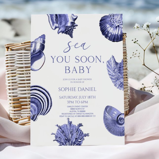 Convite Sea You Soon, Baby Blue Seashells Baby Shower (Criador carregado)