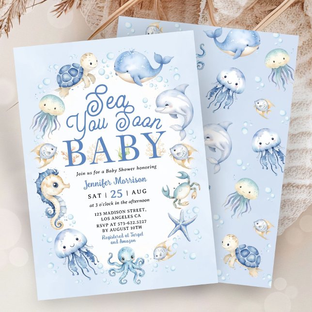 Convite Sea You Soon Baby Shower Boy Blue Ocean Animals (Criador carregado)