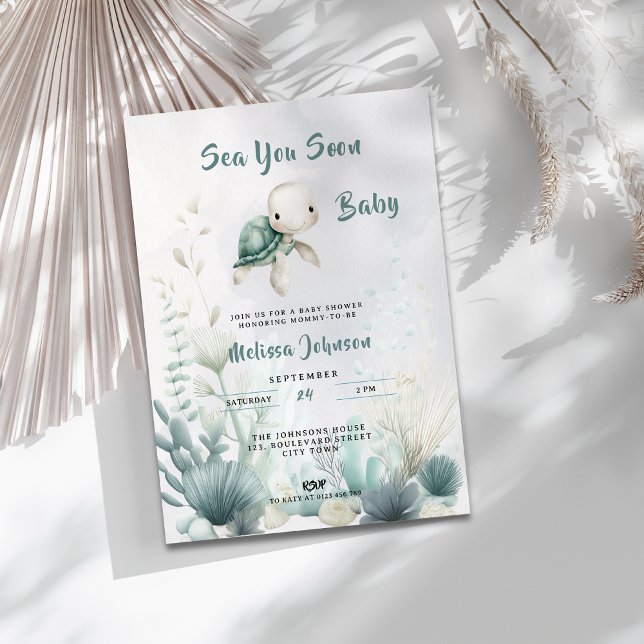 Convite Sea You Soon Baby Shower Gender Neutral Invitation (Sea You Soon Undersea Turtle Baby Shower Invitation.)