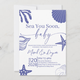 Convite Sea You Soon Blue Scallop Shell Boy Baby Shower 