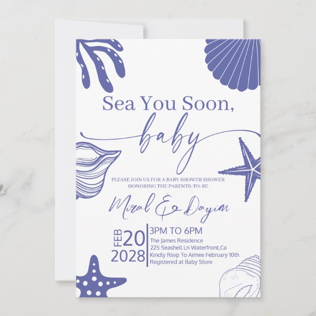 Convite Sea You Soon Blue Scallop Shell Boy Baby Shower  (Frente)