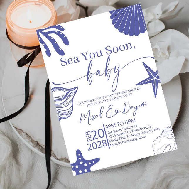 Convite Sea You Soon Blue Scallop Shell Boy Baby Shower  (Criador carregado)
