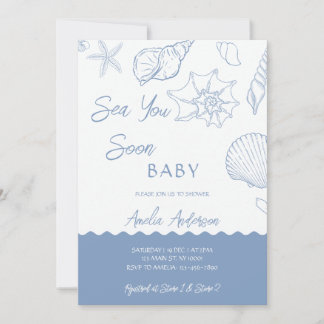 Convite Sea You Soon Coastal Shells Blue Baby Shower