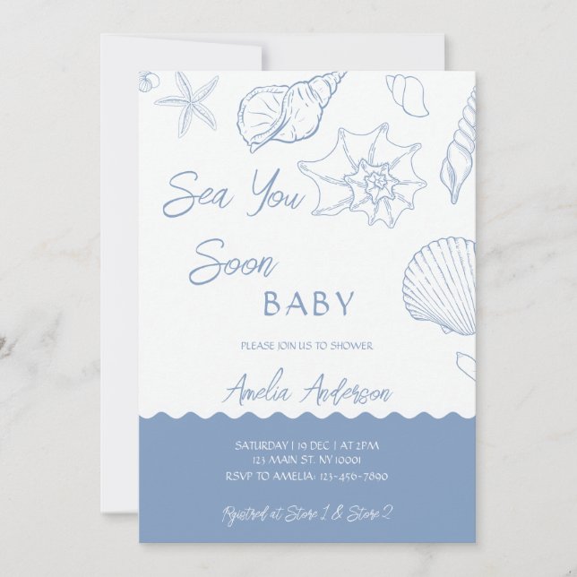 Convite Sea You Soon Coastal Shells Blue Baby Shower (Frente)