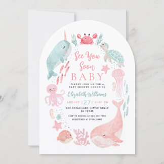 Convite Sea You Soon Cute Ocean Animals Girl Baby Shower