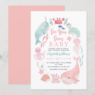 Convite Sea You Soon Cute Ocean Animals Girl Baby Shower