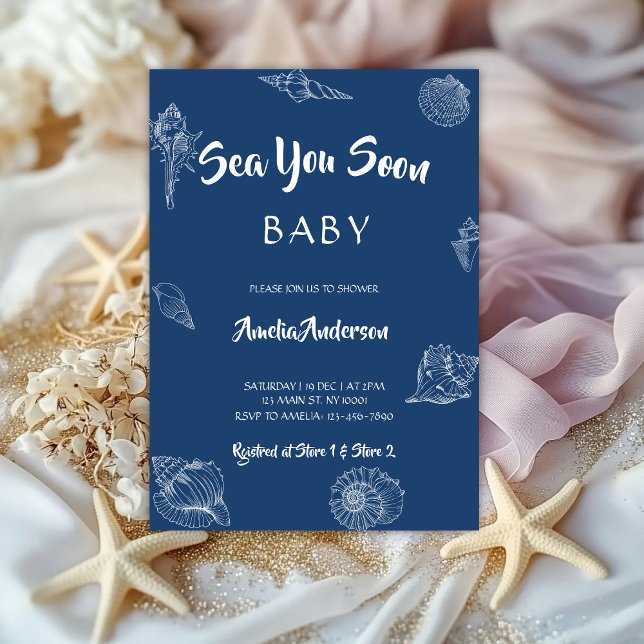 Convite Sea You Soon Navy Seashell Nautical Baby Shower (Criador carregado)