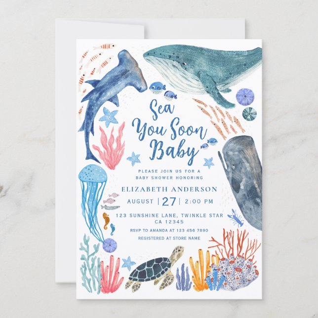 Convite Sea You Soon Ocean Animals Boy Baby Shower Invitat (Frente)