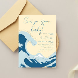 Convite Sea You Soon Ocean Wave Blue Boy Baby Shower