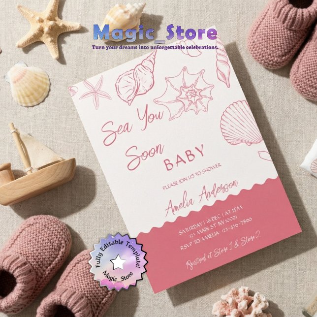 Convite Sea You Soon Pink Seashells Coastal Baby Shower (Criador carregado)