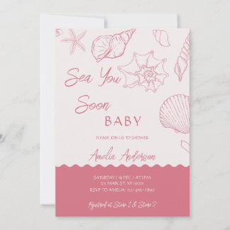 Convite Sea You Soon Pink Seashells Coastal Baby Shower