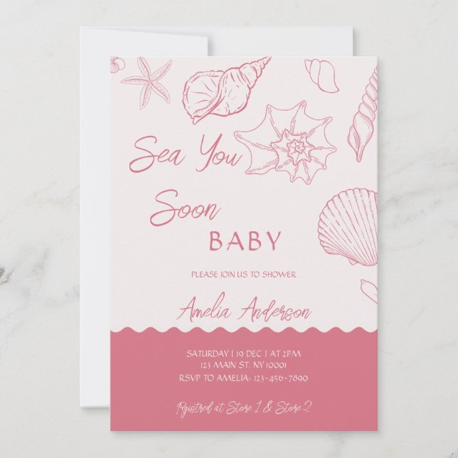 Convite Sea You Soon Pink Seashells Coastal Baby Shower (Frente)
