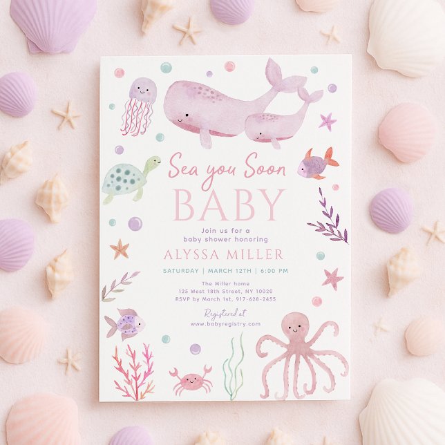 Convite Sea You Soon Pink Under the Sea Baby Shower (Criador carregado)