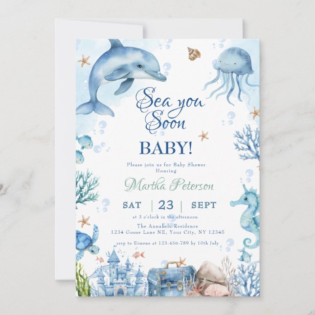 Convite Sea You Soon Seashell Baby Shower (Frente)