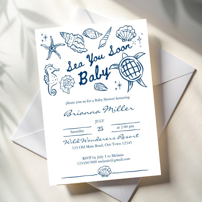 Convite Sea you soon seashells beach boy baby shower (Sea you soon seashells beach blue boy baby shower invitation cards template sea turtle hand drawn)