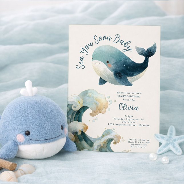 Convite Sea You Soon Whale Ocean Ivory Baby Shower (Criador carregado)