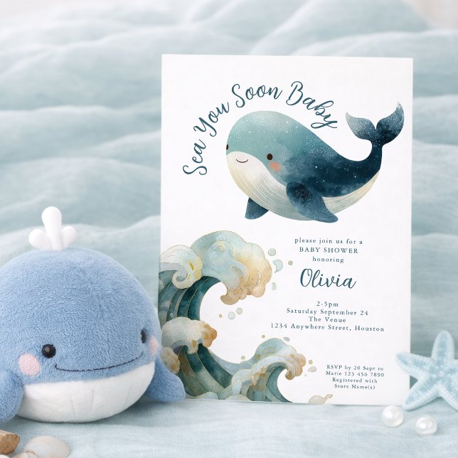 Convite Sea You Soon Whale Ocean White Baby Shower (Criador carregado)