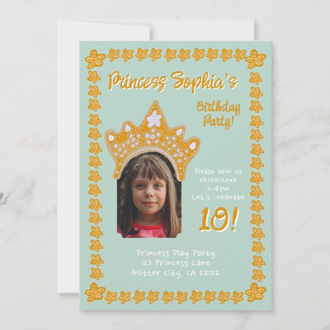 Convite Seafoam Aqua Princess Crown Floral Photo Birthday (Frente)