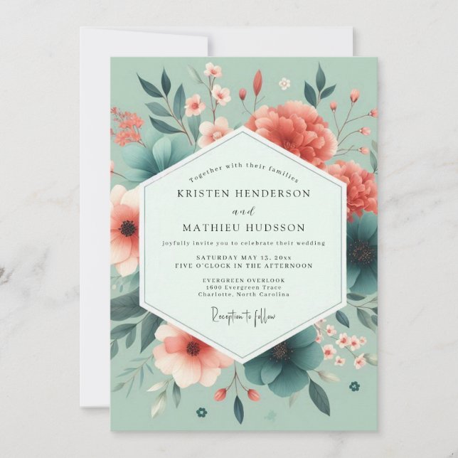 Convite Seafoam Coral Vivid Flora Wedding (Frente)