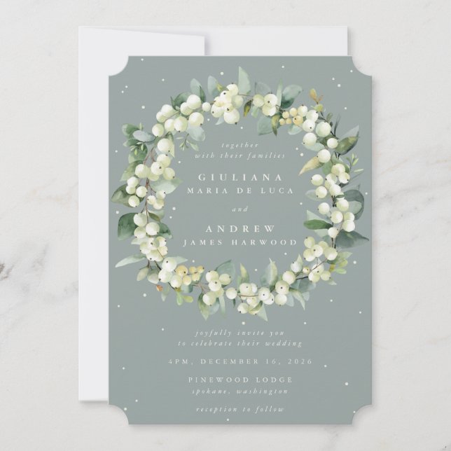 Convite Seafoam Green Snowberry+Eucalyptus Wreath Weding (Frente)