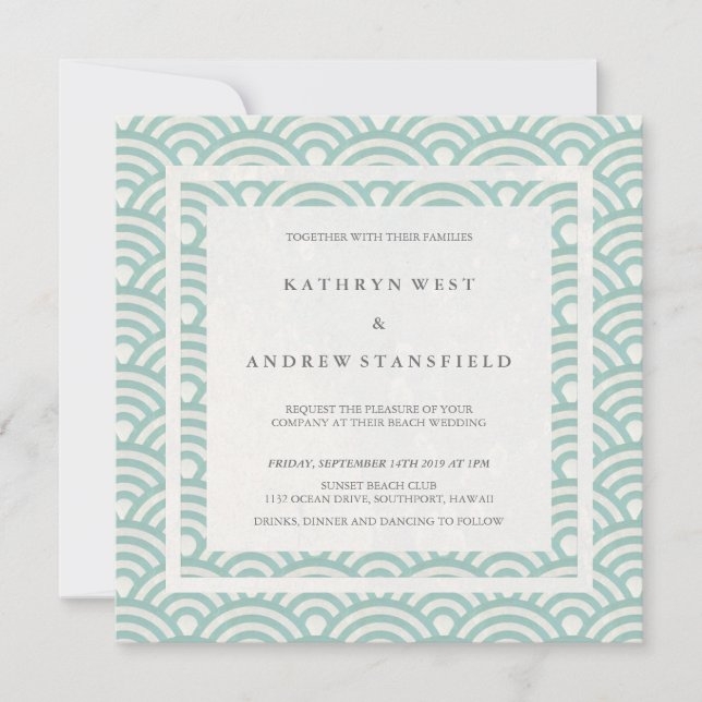 Convite Seafoam Green + White Waves Elegant Beach Weding (Frente)