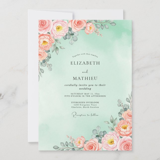 Convite Seafoam Peach Radiant Spring Wedding (Frente)