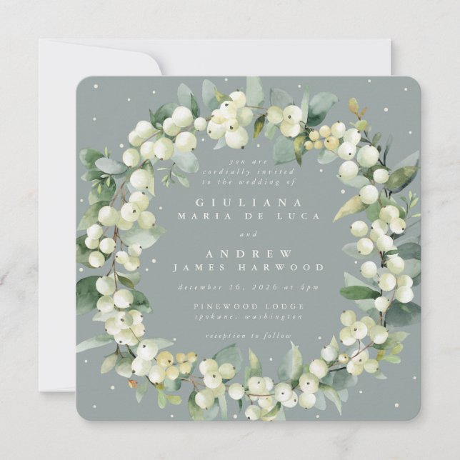 Convite Seafoam Snowberry+Eucalyptus Wreath Casamento Quad (Frente)