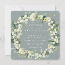 Convite Seafoam Snowberry+Eucalyptus Wreath Casamento Quad