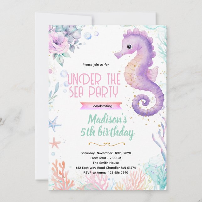 Convite Seahorse birthday theme party invite (Frente)