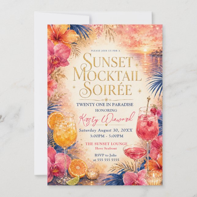 Convite Seara de Mocktail Sunset para Aniversário de 21 An (Frente)