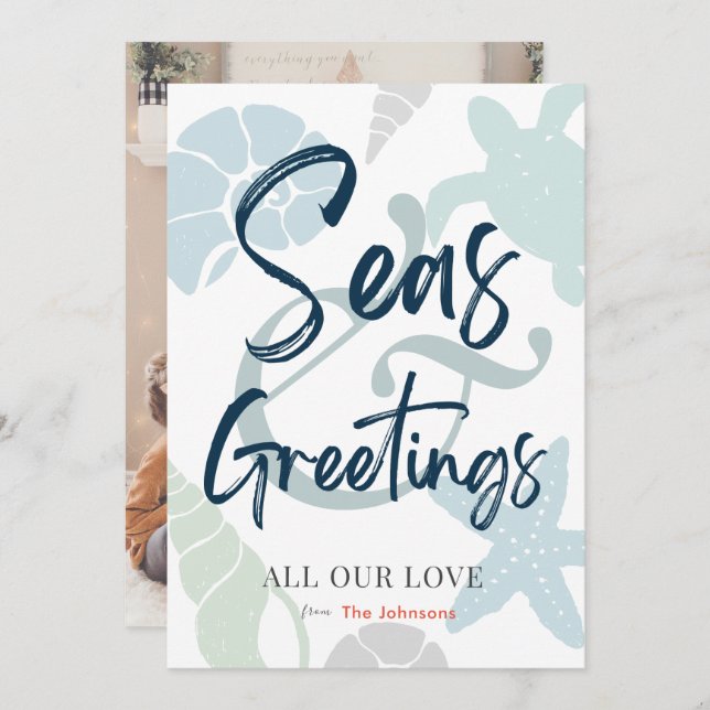 Convite Seas and Greetings Seashell Holiday Photo Card (Frente/Verso)