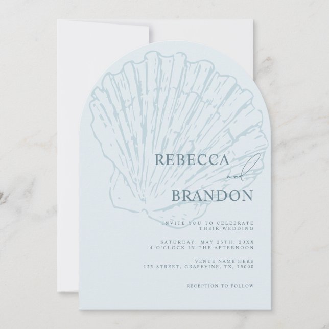 Convite Seashell Beach Coastal Blue QR Code Arch Wedding (Frente)