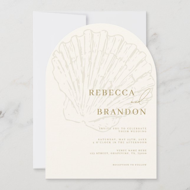 Convite Seashell Beach Coastal Ivory & Gold Arch Wedding (Frente)
