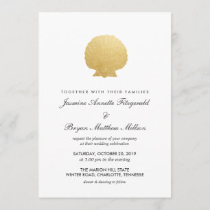 Convite Seashell Faux Gold Foil Casamento Oceânico