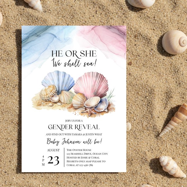 Convite Seashell Gender Reveal He or She We Shell Sea (He or She We Shell Sea Coastal Gender Reveal Invitation by Darling & May)