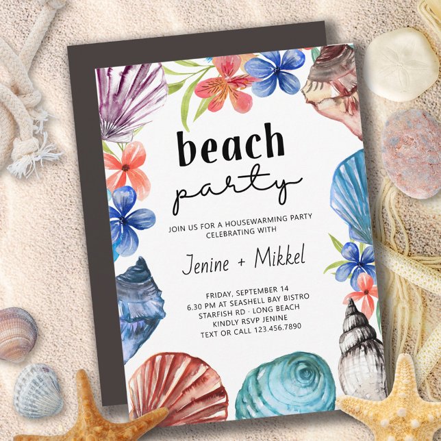 Convite Seashell Tropical Fllower House Warming Beach Part (Criador carregado)